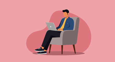 Man working or studying online with a laptop from a comfortable armchair, highlighting remote productivity and digital lifestyle.