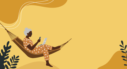 Mature woman relaxes in a hammock, using a smartphone and laptop. Represents modern lifestyle, flexible work, and digital connectivity, ideal for business, leisure, and travel themes.