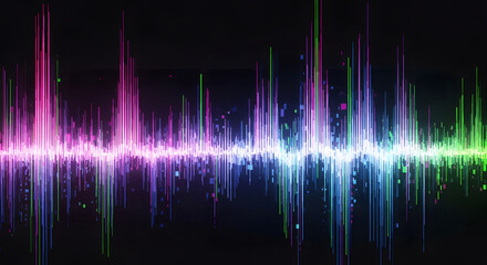 Vibrant abstract visualization of a digital soundwave with colorful audio spectrum equalizer and glowing particles on a dark background