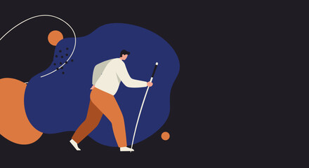 Visually impaired man walking with a white cane, navigating independently. Concept of accessibility, independence, and support for disabled people.