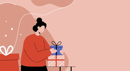 Illustration of a person preparing gifts for a celebration, conveying joy and the spirit of giving. Ideal for holiday promotions and lifestyle content.