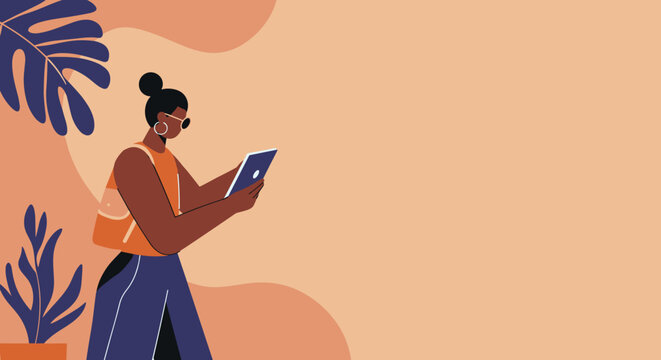 Contemporary woman with a tablet, dressed casually, engaging with technology in a minimalist, plant-adorned setting. Ideal for lifestyle, education, or business concepts.