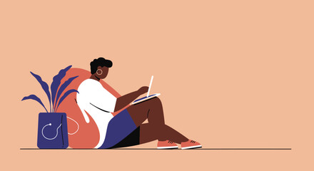 Relaxed woman working or learning on a tablet with a stylus, sitting comfortably on a beanbag next to a plant. Modern digital lifestyle.