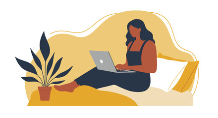 Woman comfortably working on laptop at home, embodying remote work, digital lifestyle, and cozy productivity. Ideal for business or personal use.