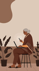 Senior woman working remotely, using a laptop and smartphone in a relaxed, modern setting. Represents technology for older generations, productivity, and flexible work.
