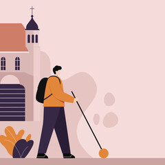 A determined traveler with a backpack and a white cane walks past a church, embodying independence and exploration. Ideal for themes of accessible travel, pilgrimage, or personal journeys.
