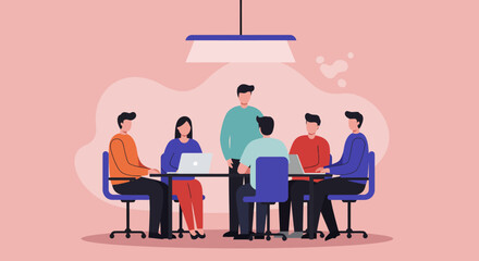 Professional business team collaborating in a modern office meeting, discussing strategies and ideas with laptops. Concept of teamwork, innovation, and corporate success.