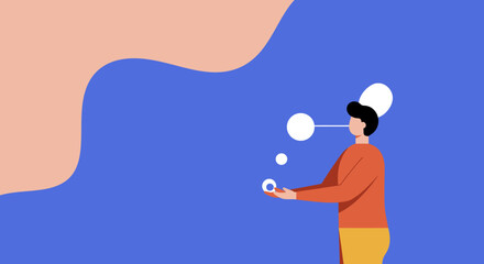 Minimalist illustration of a man contemplating ideas or managing data, symbolizing thought process, communication, or problem-solving. Ideal for business and technology concepts.