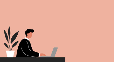 Professional man in a suit working on a laptop at a minimalist desk with a plant. Perfect for business, remote work, or modern office concepts.