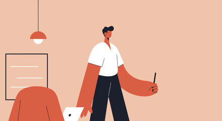 Professional illustration of colleagues collaborating in a modern workspace. One person presents with a stylus while another works on a laptop, depicting teamwork and innovation.