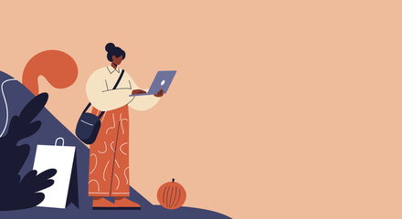 Modern woman using laptop for online shopping or remote work, embodying digital lifestyle and technology integration. Ideal for business and e-commerce concepts.