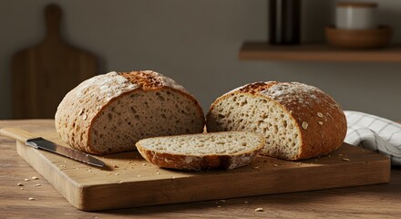 Rustic whole grain bread loaf and a sliced half on a wooden cutting board, simple kitchen setting with gentle light.