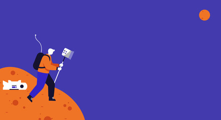A stylized astronaut explores a new planet, possibly Mars, holding a surveying flag. Represents discovery, future, and scientific exploration.