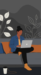 Woman working remotely on a laptop, comfortably seated on a couch in a modern home setting. Ideal for themes of freelance, online education, or productive leisure.