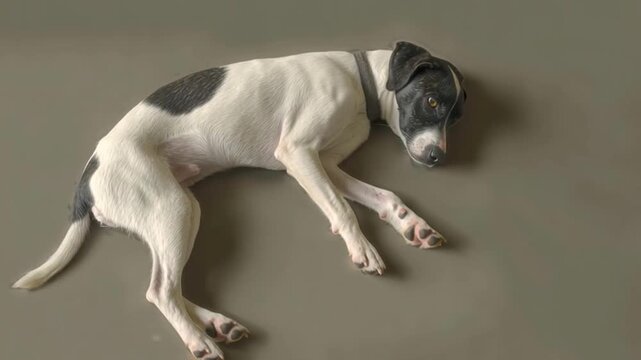Playful sleeping puppy canine body language shows relaxed white dog with black patches lying on floor calm peaceful paw visible relaxed body language