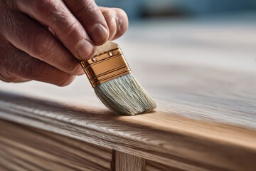 Close-up of a hand painting a wooden surface