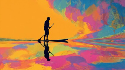Silhouette of person paddleboarding on colorful water