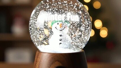 Snowman figure inside snow globe sits on wooden base with christmas tree lights blurred in the background creating a festive and whimsical holiday atmosphere. - Powered by Adobe