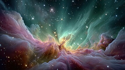 Fototapeta premium A constellation veiled in translucent pink and teal gas clouds, mythical and enchanting starscape.