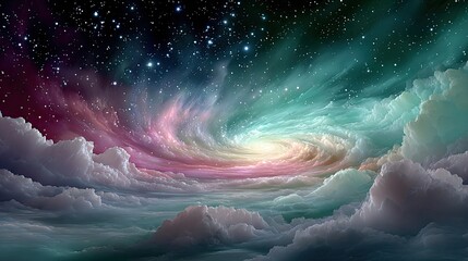 Fototapeta premium A cosmic whirlpool of pastel pink and aqua, stars spiraling into its center, hypnotic and surreal.