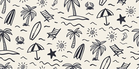Hand drawn tropical beach vacation seamless pattern with palm trees surfboards and sun