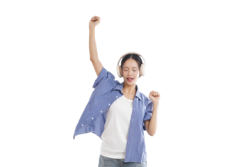 Musical Bliss: Captured in a vibrant studio, a young female is completely immersed in the auditory experience, elevating her arm with joyful abandon.