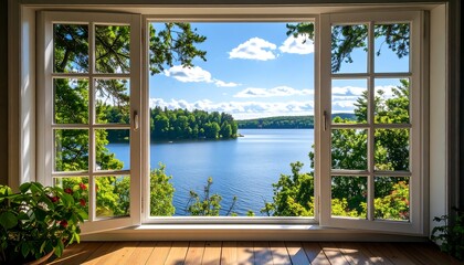 Open window view of a calm lake surrounded by lush green trees under a bright blue sky with fluffy white clouds. Natural light illuminates the wooden floor indoors