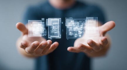 Hands holding digital blueprints