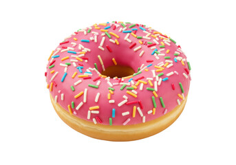 Delicious round doughnut topped with pink icing and rainbow sprinkles, classic sweet snack or dessert treat.

