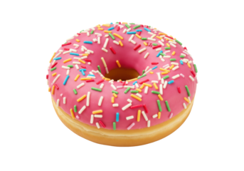 Delicious round doughnut topped with pink icing and rainbow sprinkles, classic sweet snack or dessert treat.
