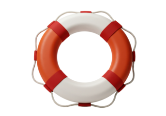 Classic red and white safety lifebuoy ring used for emergency water rescues or maritime safety, isolated on white background.
