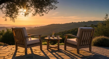 Obraz premium Serene Sunset Vista Outdoor Seating Area