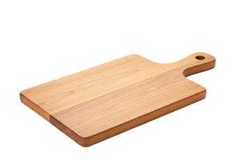 Natural wood chopping board with side handle, used for food preparation, serving or kitchen decoration.
