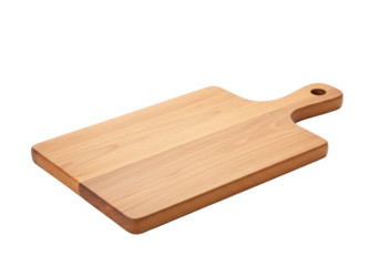 Natural wood chopping board with side handle, used for food preparation, serving or kitchen decoration.
