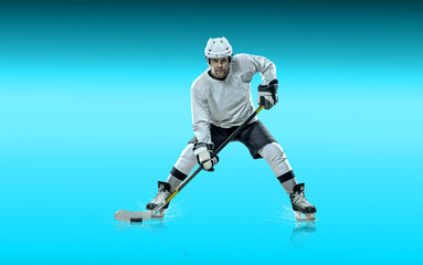 Ice Hockey Players in Action Under Neon Lights. Dynamic pose and intense atmosphere highlight the energy of the sport. Competition, teamwork, modern sports aesthetics.