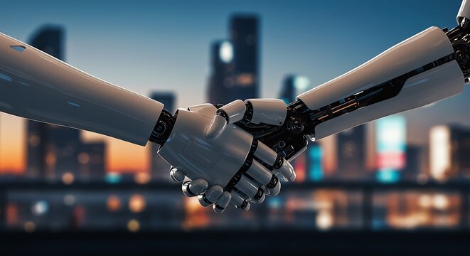 AI Collaboration Robotic Handshake Against Cityscape