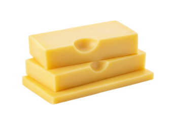 Three blocks of semi-hard yellow cheese stacked together, isolated on white. Features signature holes and smooth surface.
