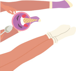 Two couple women legs on the floor up view flat style with cup