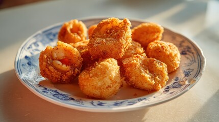 Deliciously crispy fried bites on ornate plate captured in warm light