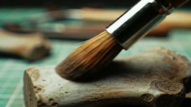 A close-up of a paleontologist using a small brush to clean dirt from a bone revealing a fossil or ancient artifact