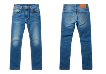 Classic blue denim jeans shown from front and back angles, isolated on white. Timeless casual fashion staple.
