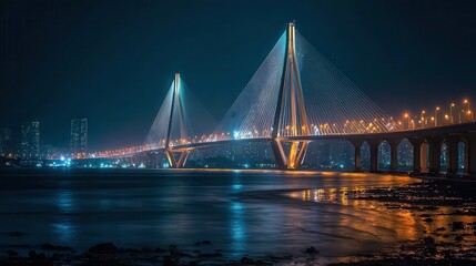 Obraz premium A stunning night view of the Bandra Worli Sea Link in Mumbai, India.