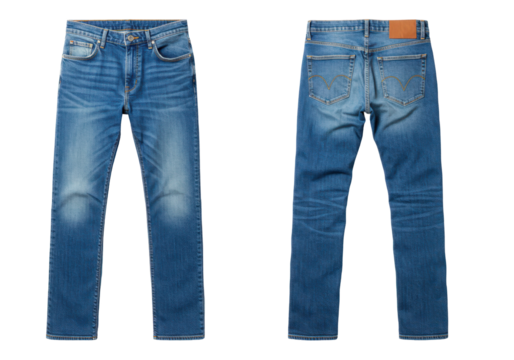 Classic blue denim jeans shown from front and back angles, isolated on white. Timeless casual fashion staple.
