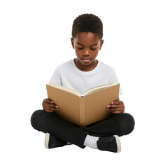 Young boy in casual clothes sits cross-legged reading a book, isolated on white background. Focused learning and education concept.
