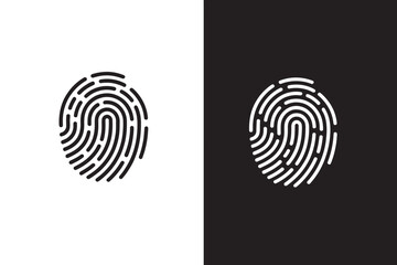 Monochrome fingerprint icon set on black and white backgrounds. Unique thumbprint symbol for security, biometrics, and personal identification