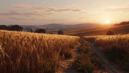 Golden wheat field path at sunset