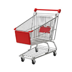 Isolated view of an empty metal shopping cart with red accents, ideal for retail, commerce, or grocery store concepts.
