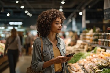 Young woman shopping in grocery store while using smartphone. Concept of modern lifestyle, healthy choices, and smart shopping. Perfect for retail, technology, and food marketing.
