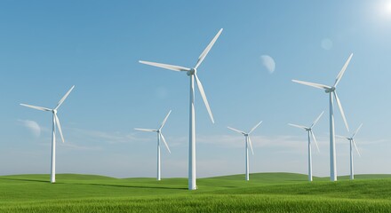 Fototapeta premium Futuristic wind farm on a vibrant green meadow with celestial bodies visible in a clear daytime sky