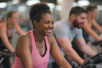 Smiling young woman exercising on a stationary bike during a spinning class at the gym. Perfect for themes about fitness, healthy lifestyle, motivation, and wellness.